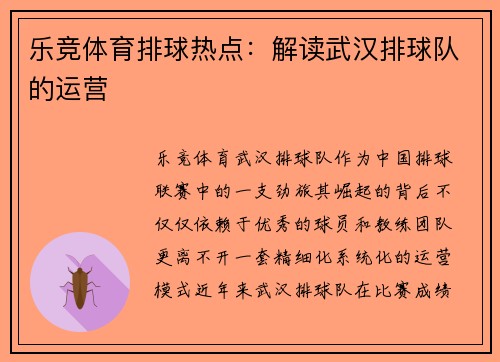 乐竞体育排球热点：解读武汉排球队的运营