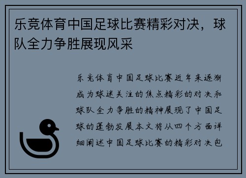 乐竞体育中国足球比赛精彩对决，球队全力争胜展现风采
