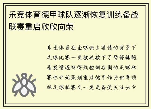 乐竞体育德甲球队逐渐恢复训练备战联赛重启欣欣向荣