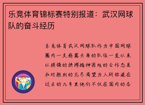 乐竞体育锦标赛特别报道：武汉网球队的奋斗经历