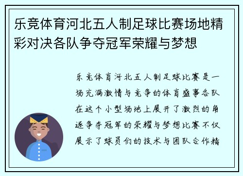 乐竞体育河北五人制足球比赛场地精彩对决各队争夺冠军荣耀与梦想